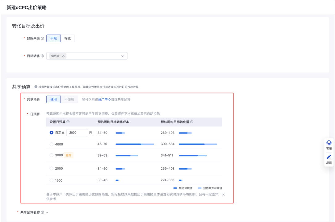 放量模式出价策略提供“共享预算”下转化量预估及预算设置建议——小流量上线